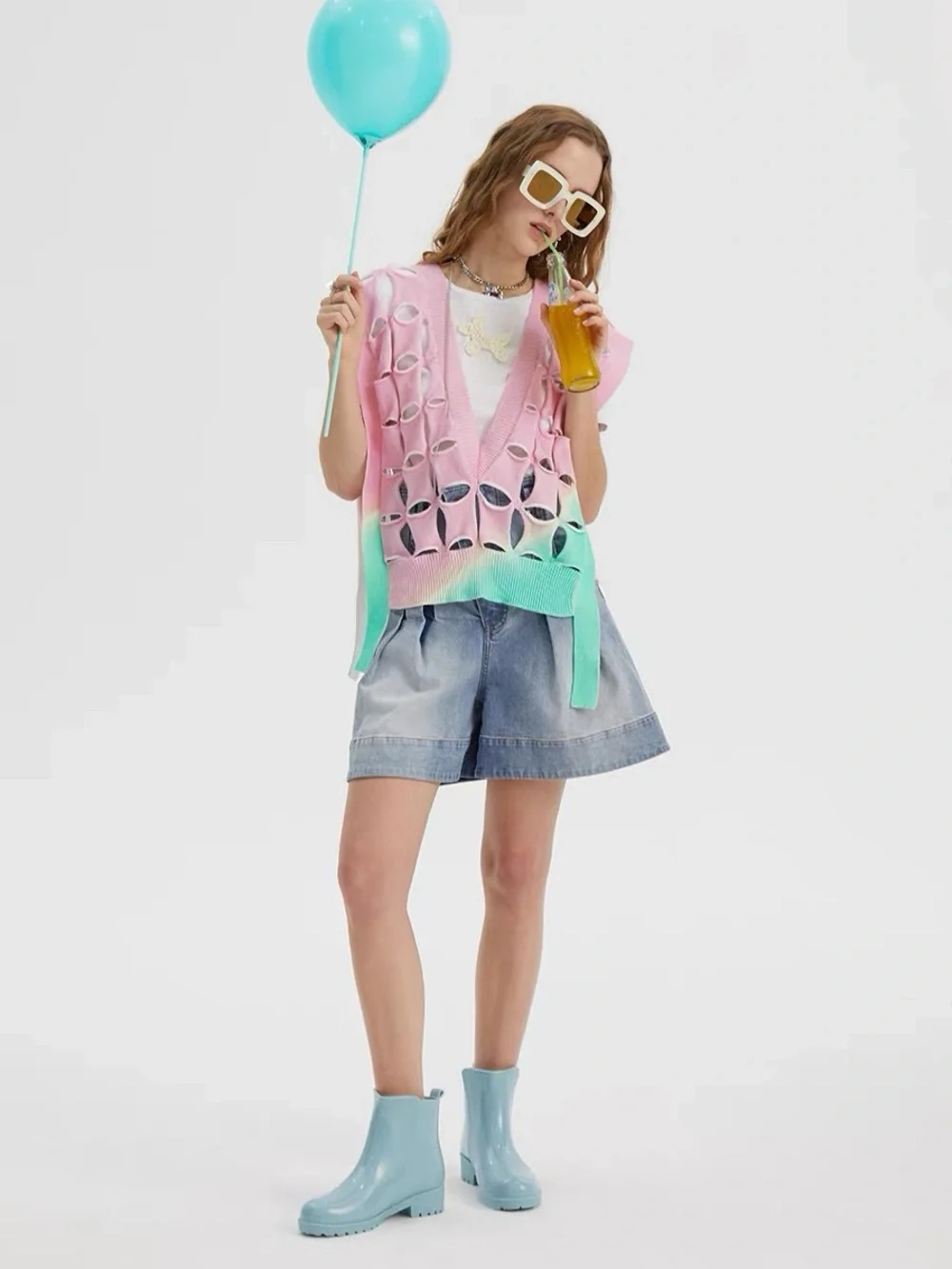 N·MORE Designer High Waisted Asymmetric Pleated Denim Shorts L